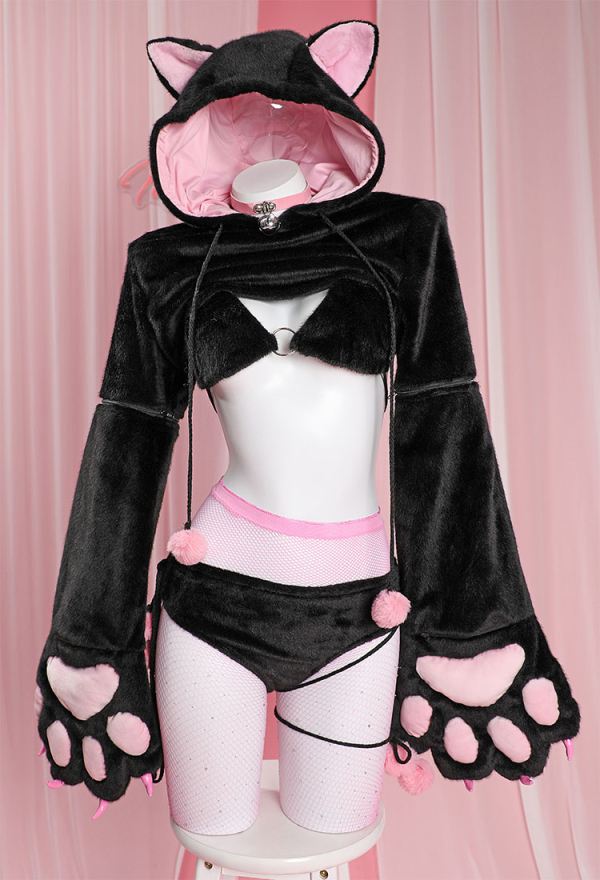 Ensemble de Lingerie Sexy Patte de Fourrure Kawaii en Peluche Style Chat Noir Gants de Patte Haut à Capuche et Ensemble Soutien-Gorge Culotte