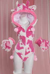 Ensemble de Lingerie Sexy Bodysuit en Peluche Imprimé Vache Barboteuse à Capuche Dos nu avec Gants