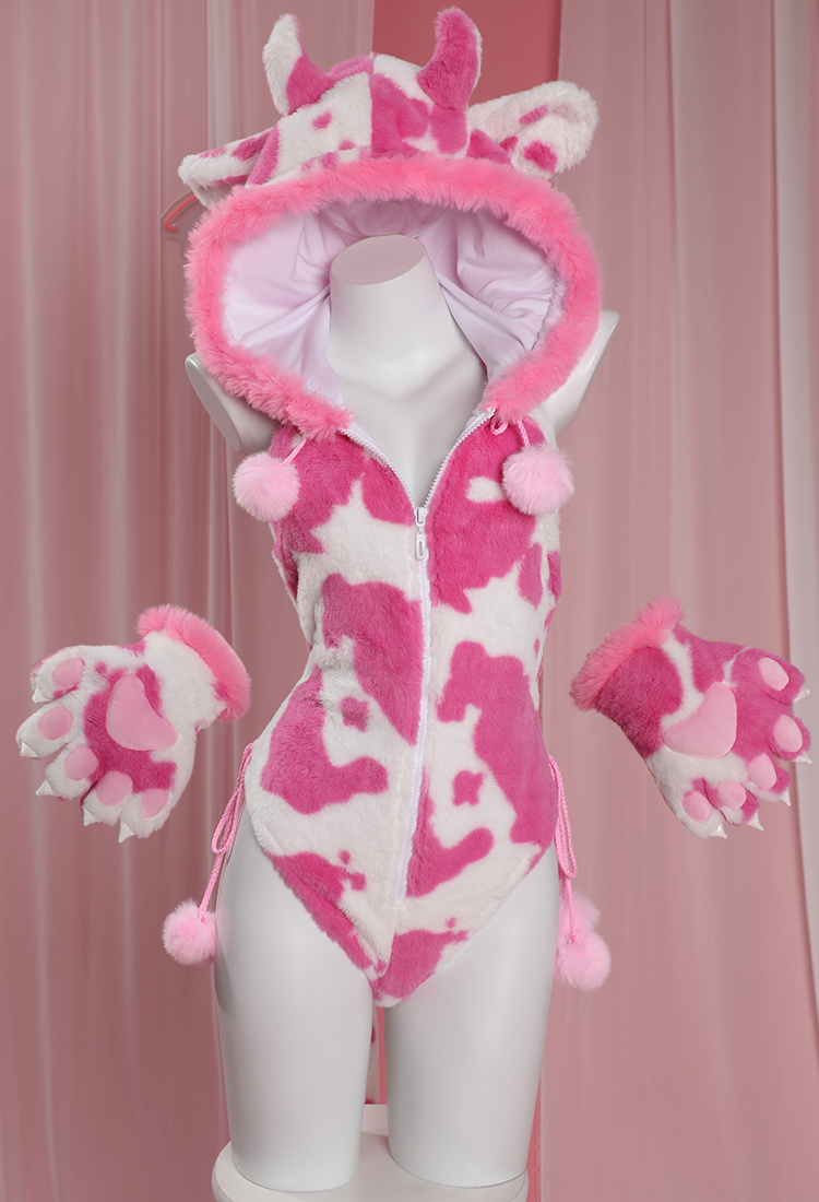 Sexy Lingerie Set Plush Bodysuit Cow Print Hooded Backless Romper with Gloves and Thigh Socks