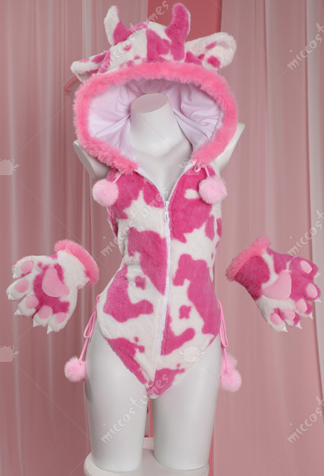 Sexy Lingerie Set Plush Bodysuit Cow Print Hooded Backless Romper with Gloves and Thigh Socks