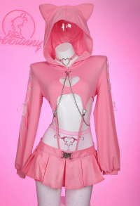 Valentine's Day Kawaii Cat Sexy Lingerie Set Pink Heart Cutout Hoodie and Skirt with Thong Pantyhose