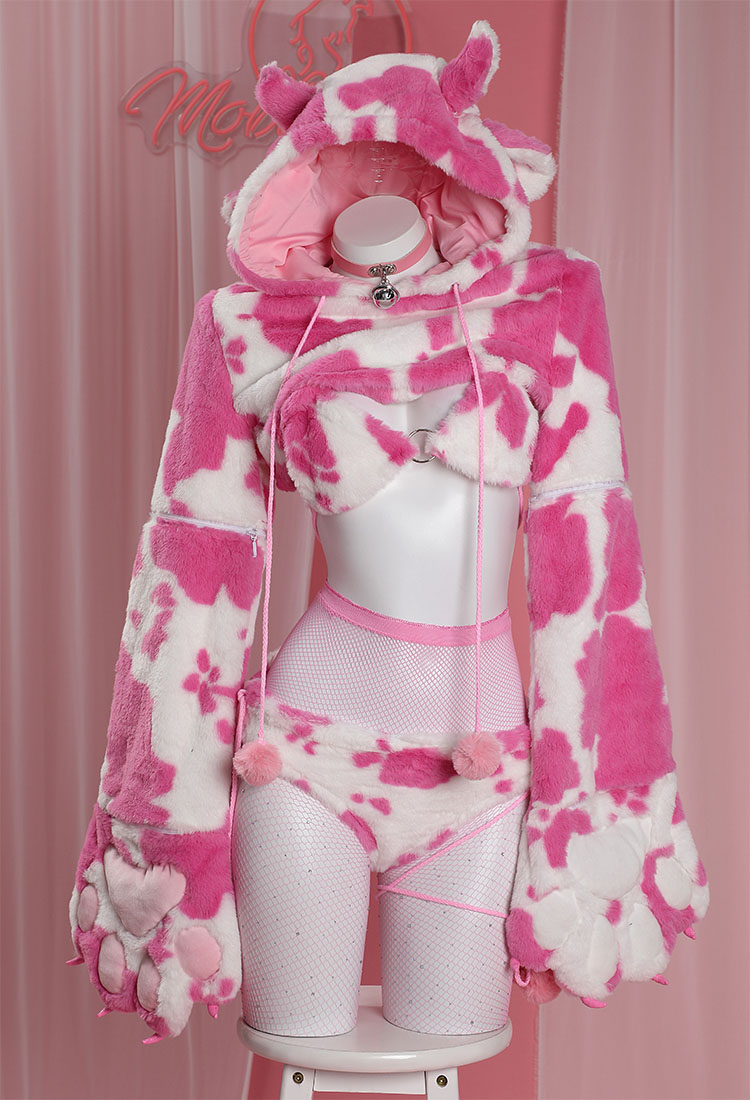Sexy Lingerie Set Cow Print Plush Bikini Bra and Panty with Short Hoodie and Stockings
