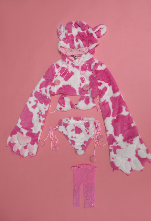 Cow Print Plush Bra and Panty with Short Hoodie Bikini - Sexy Lingerie Set  | Top Quality Lingerie for Sale