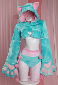 Sexy Lingerie Set Furry Paw Cat Ear Plush Bra and Panty with Short Hoodie and Stockings