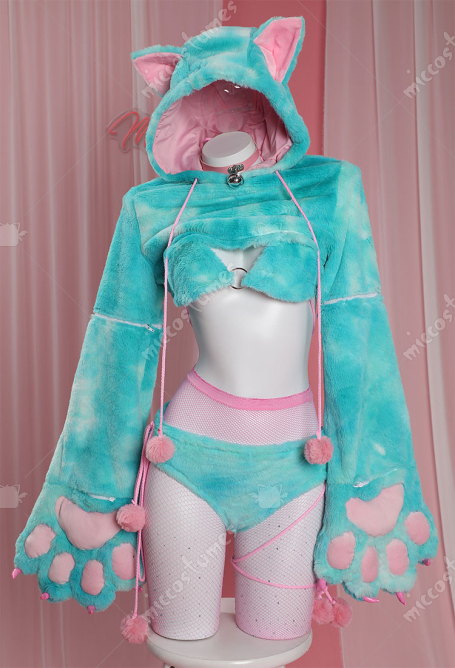 Sexy Lingerie Set Furry Paw Cat Ear Plush Bra and Panty with Short Hoodie and Stockings