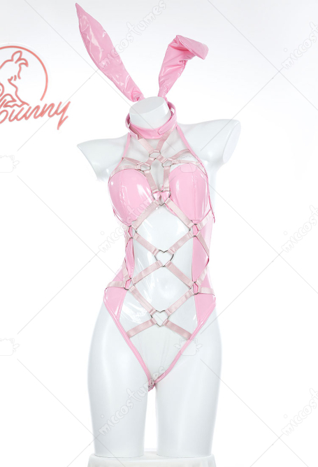 Valentine's Day Bunny Girl Sexy Lingerie Set Pink Transparent Bandage Heart Buckle Bodysuit with Hand Ring Headband