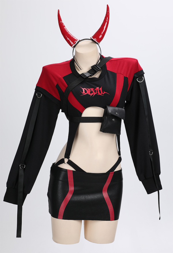 Women Demon Motorcycle Style Suit Costume - Sexy Lingerie Bodysuit and Skirt  with Waist Bag Headband