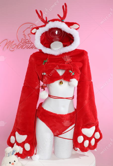 Christmas Reindeer Cosplay Costume Furry Paw Sexy Lingerie Set Plush Homewear Hoodie Gloves Bra and Panty