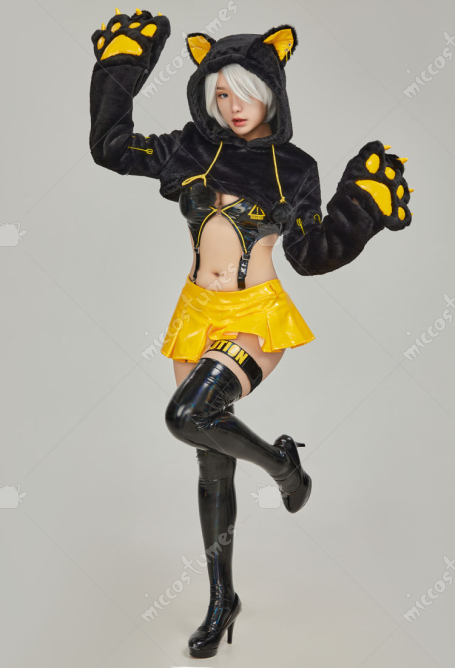Motorcycle Style Gothic Yellow Sexy Lingerie Set Big Paw Hoodie and Top with Miniskirt and Stockings