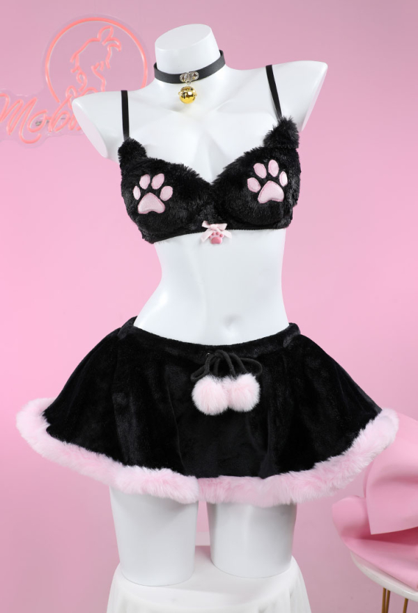 Women Kawaii Homewear - Sexy Lingerie Set Plush Cat Paw Three-Point Top and  Panty with Skirt Choker Cosplay | Top Quality Loungewear for Sale
