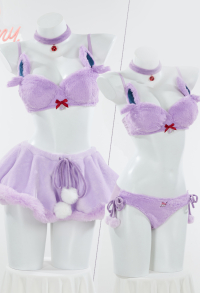 PM Derivative Sexy Lingerie Set Plush Homewear Purple Furry Bra Panty with Mini Skirt and Choker