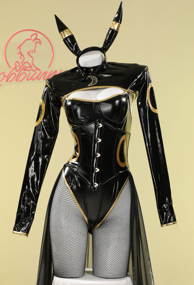 PM Derivative Sexy Lingerie Set Black Bodysuit and Top with Chiffon Skirt Headband Tail