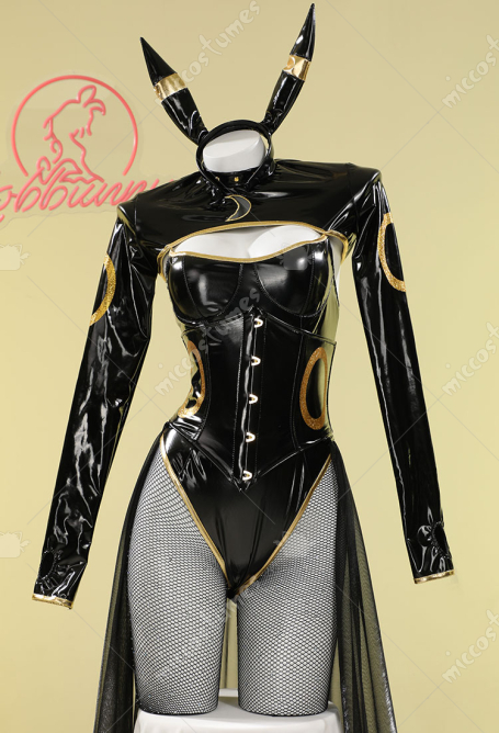 PM Derivative Sexy Dessous Set Schwarzer Bodysuit Oberteil Chiffonrock Stirnband Schwanz