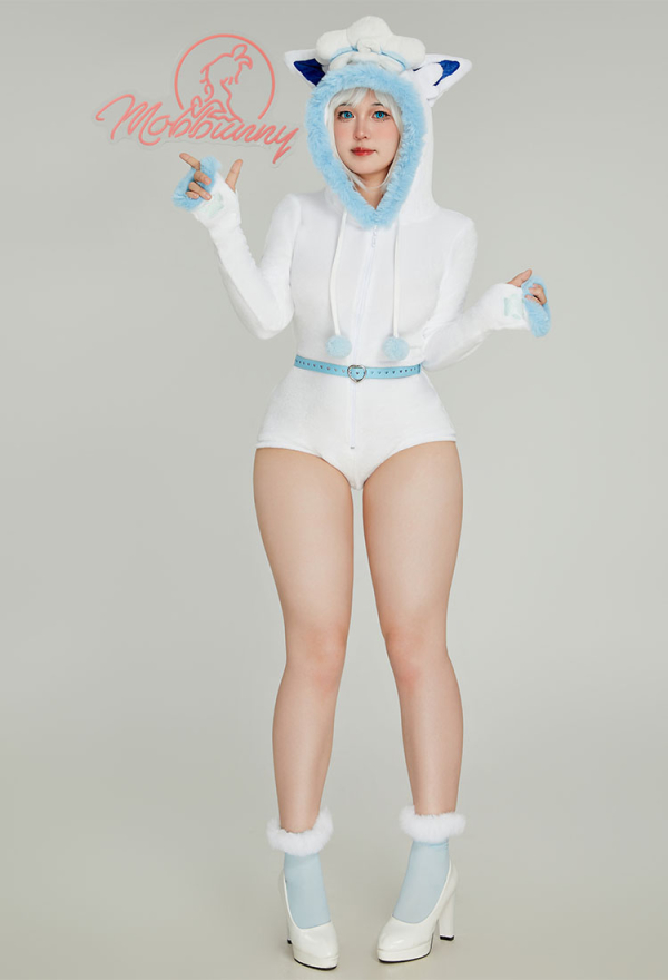 Women PM Derivative Fluffy Bodycon Romper - White Blue Furry