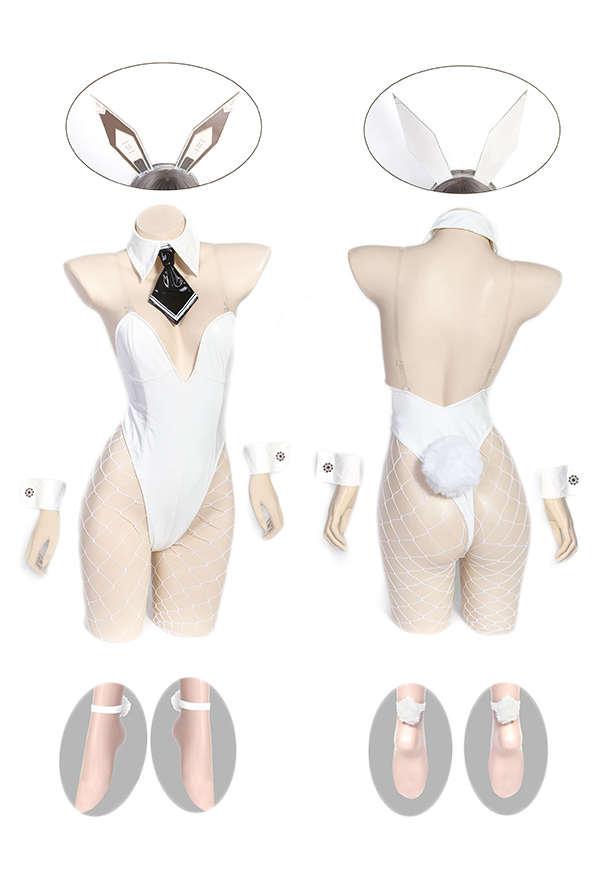 Goddess of Victory: Nikke Blanc Banner Bunny Girl Bodysuit Sexy Dessous Niedriger Kragen High Cut Lingerie mit Hase Ohr Stirnband Netzstrümpfe Schwanz