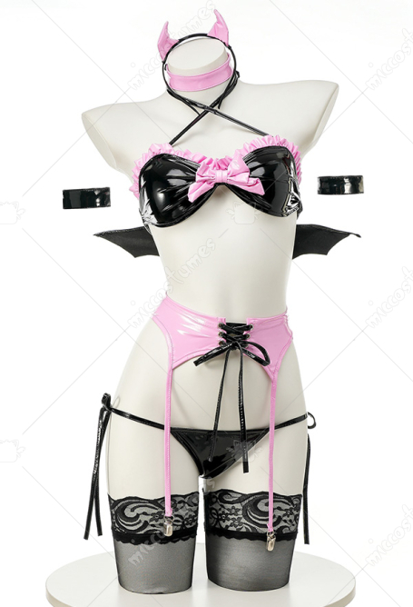 Little Devil Sexy Lingerie Set Black Pink Bowknot Ruffles Bikini Top and Panty Set with Garter Belt Headband