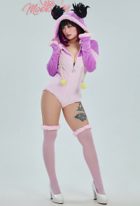 Juri Derivative Plush Homewear Pink Fluffy Bodycon Romper Hooded Bodysuit with Spider Doll and Socks
