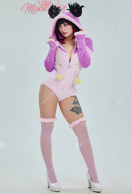 Juri Derivative Plush Homewear Pink Fluffy Bodycon Romper Hooded Bodysuit with Spider Doll and Socks