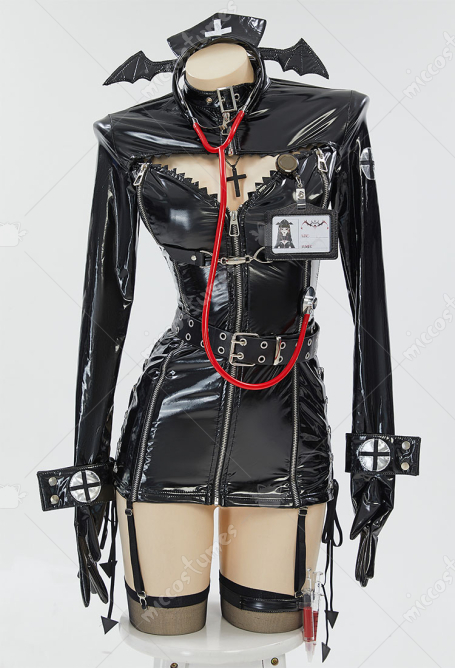 Gothic Sexy Nurse Uniform Black Dress and Headband with Thigh-High Stockings and Necklace