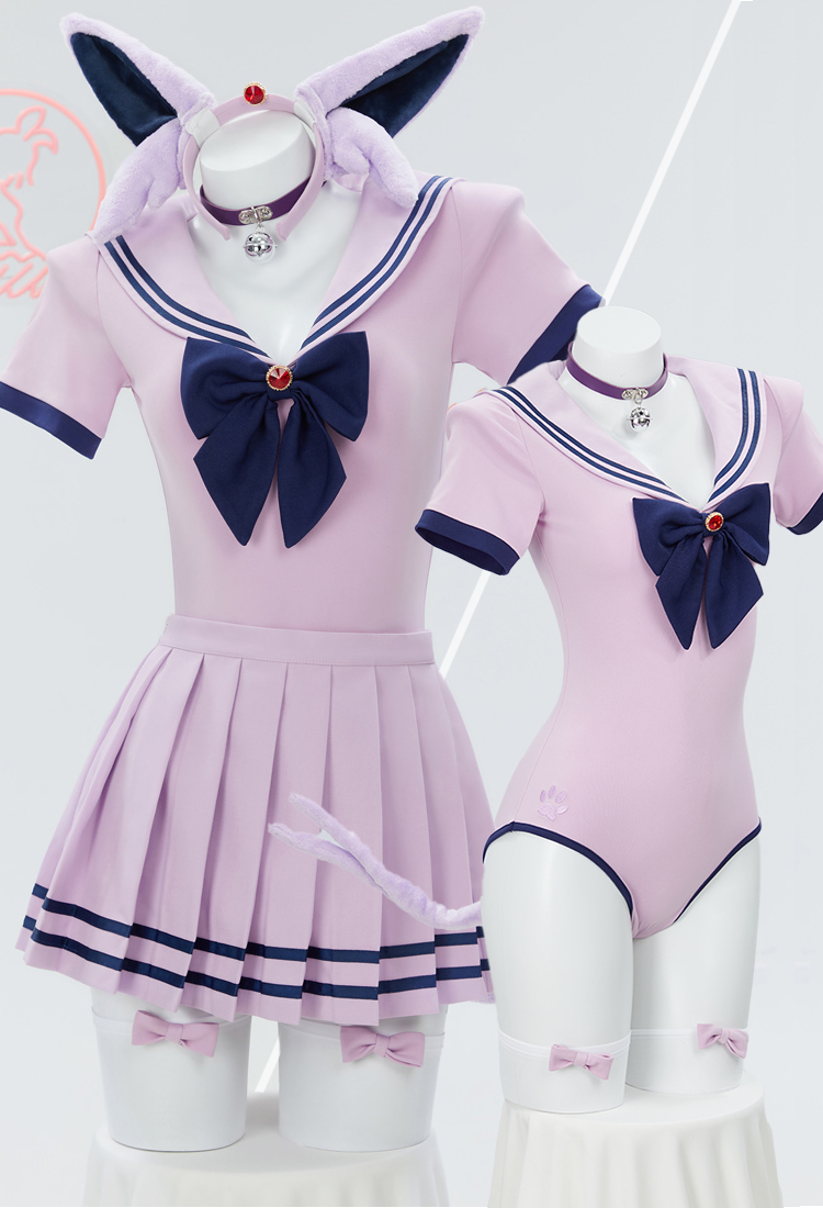 PM Derivative Loungewear Purple Bodysuit Sailor Uniform Pleated Skirt Set with Headband Choker