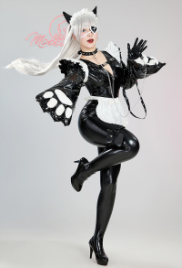 Gothic Maid Sexy Jumpsuit Kostüm Bodysuit und Schürze Set mit Jacke Stirnband