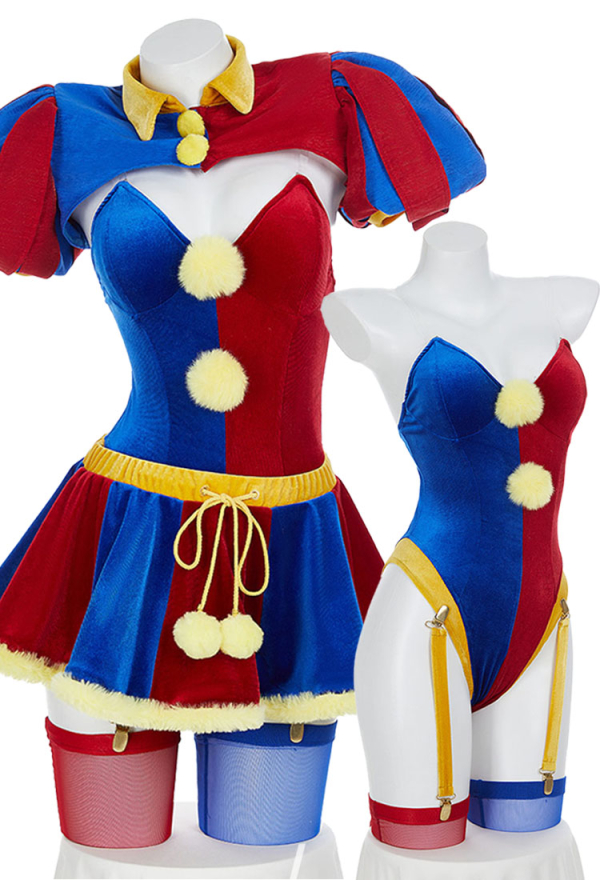 sexy clown clothes Women TADC Clown Girl Derivative Sexy Lingerie Set - Blue Red Bodysuit and  Mini Skirt with Gloves and Hat Cosplay