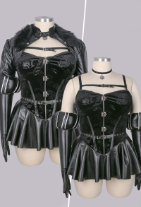 Plus Size Yennefer Dérivé Ensemble de Lingerie Sexy Robe Noire et Manteau Court avec Gants et Ceinture