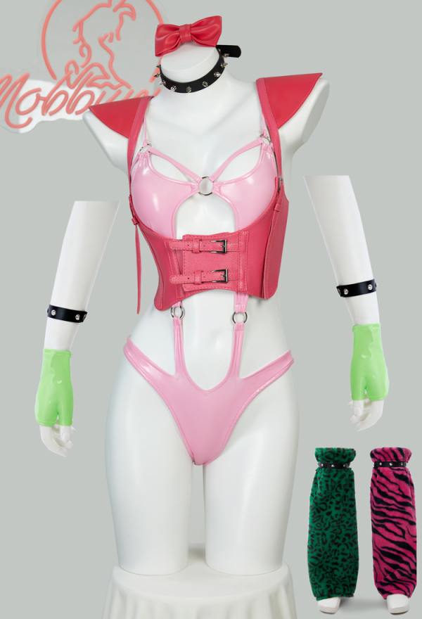 Women Chica Derivative Sexy Lingerie Set - Cutout Pink Bodysuit and Waist  Cincher with Leg Warmers Cosplay