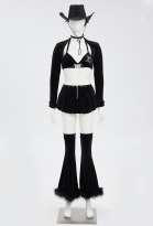 Gothic Cowgirl Style Suit Black Sexy Bra and Skirt with Crop Top and Hat