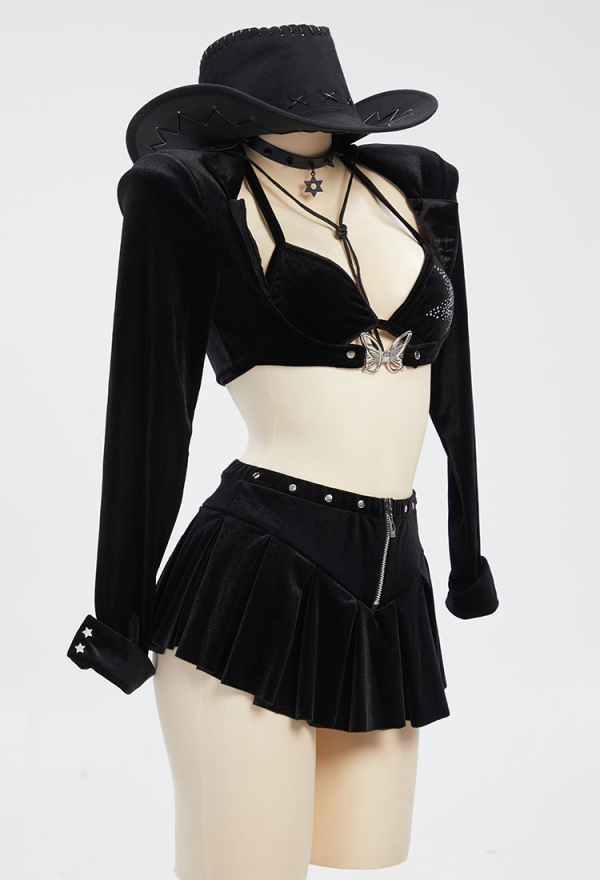 Mujer Traje estilo vaquera gótica sujetador sexy negro y falda con