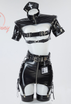 Sexy Lingerie Set Gothic Nurse Style Short Top and Lace-Up Hollow Out Half Skirt with Gloves Headband