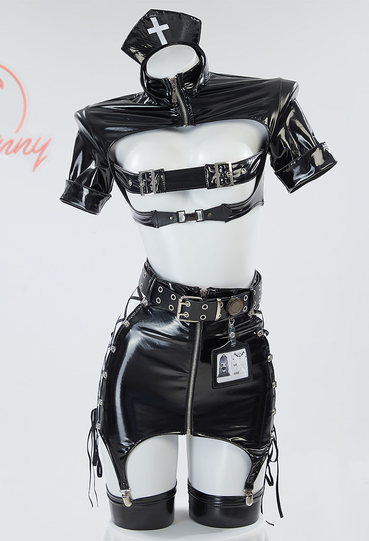 Sexy Lingerie Set Gothic Nurse Style Short Top and Lace-Up Hollow Out Half Skirt with Gloves Headband