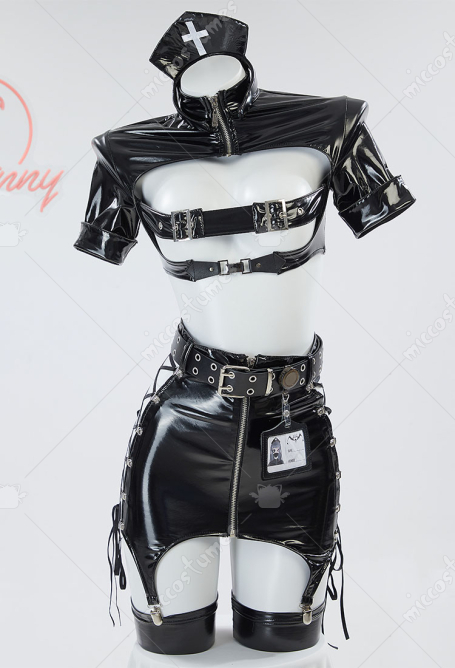 Sexy Lingerie Set Gothic Nurse Style Short Top and Lace-Up Hollow Out Half Skirt with Gloves Headband