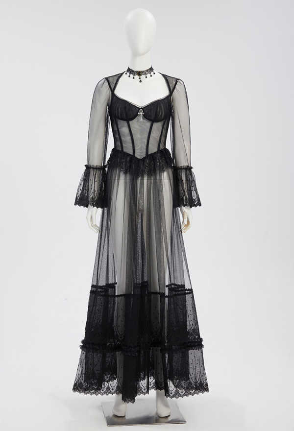 Gothic Kleid Vampir Stil halbtransparentes langes Kleid aus schwarzer Spitze mit Halsband