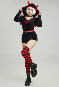 Gothic Halloween Style Bodycon Romper Plush Homewear Black Red Cross Hooded Bodysuit with Belt and Choker