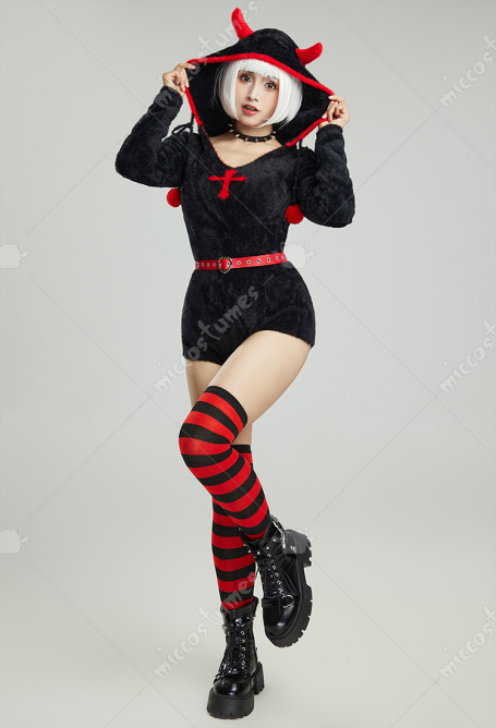 Gothic Halloween Style Bodycon Romper Plush Homewear Black Red Cross Hooded Bodysuit with Belt and Choker