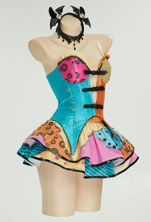 Women Sally Derivative Sexy Lingerie Set - Gothic Halloween Corlorful  Patchwork V-neck Corset and Double Layered Skirt with Choker | Top Quality  Outfits for Sale