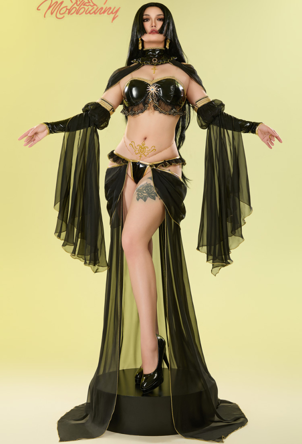 Women Anubis Dance Style Sexy Lingerie Set - Cutout Backless Top and Thong  with Skirt Hem and Collar Cosplay | Top Quality Lingerie for Sale