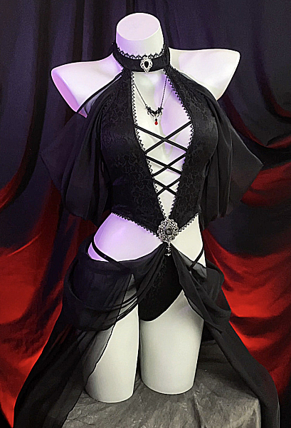 Sexy Gothic Elf Style Black Bodysuit and Sleeves with Hat and Necklace