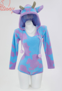 Blue Purple Pattern Fluffy Bodycon Romper Sexy Lingerie Cow Print Furry Hooded Bodysuit Homewear