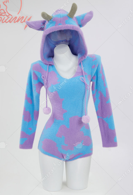Blue Purple Pattern Fluffy Bodycon Romper Sexy Lingerie Cow Print Furry Hooded Bodysuit Homewear