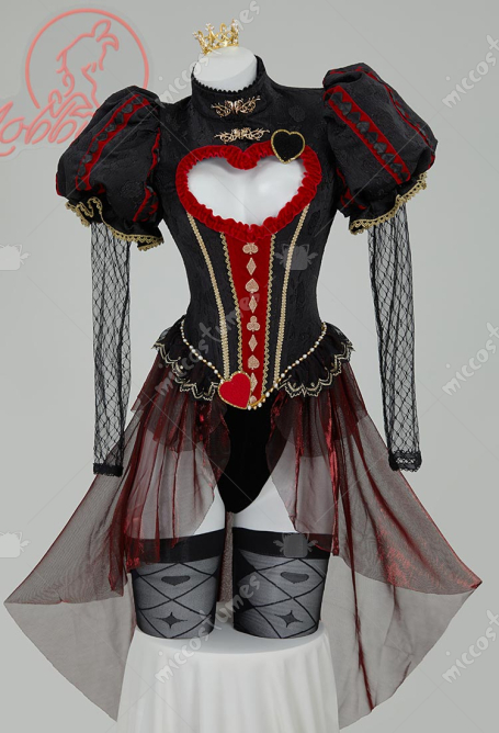 Red Queen Derivative Sexy Lingerie Bodysuit Gothic Vintage Style Heart Cutout Bodysuit with Gloves Crown