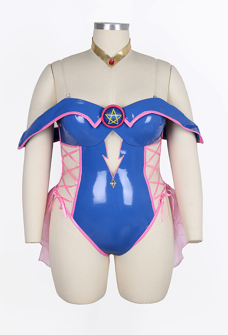 Plus Size YGO Dark Magician Girl Derivative Sexy Cosplay Suit Hollow Off-the-Shoulder Bodysuit with Hat and Tulle Skirt