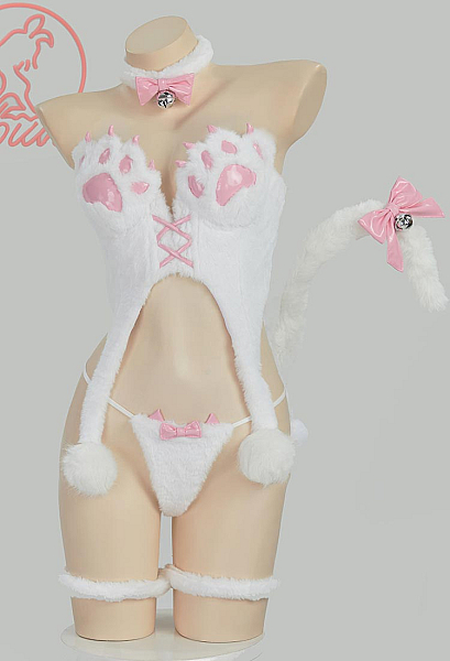 Sexy Lingerie Set Ice Season Plush Kawaii Cat Paw Top and Thong with Tail