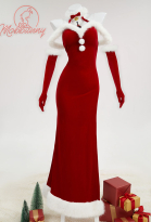 Yor Derivative Red Christmas Sexy Lingerie Dress Plush High Split Backless Long Dress with Hat Gloves