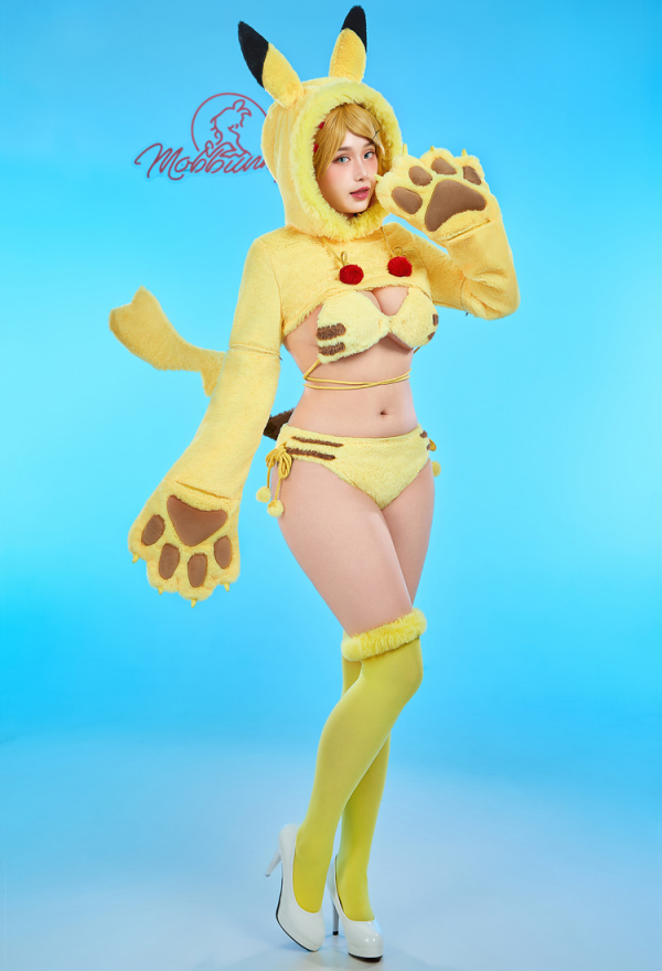 Women PM Derivative Furry Paw Yellow Sexy Lingerie Bikini Set - Big Paw  Gloves Hoodie and Bra Panty PM Cosplay