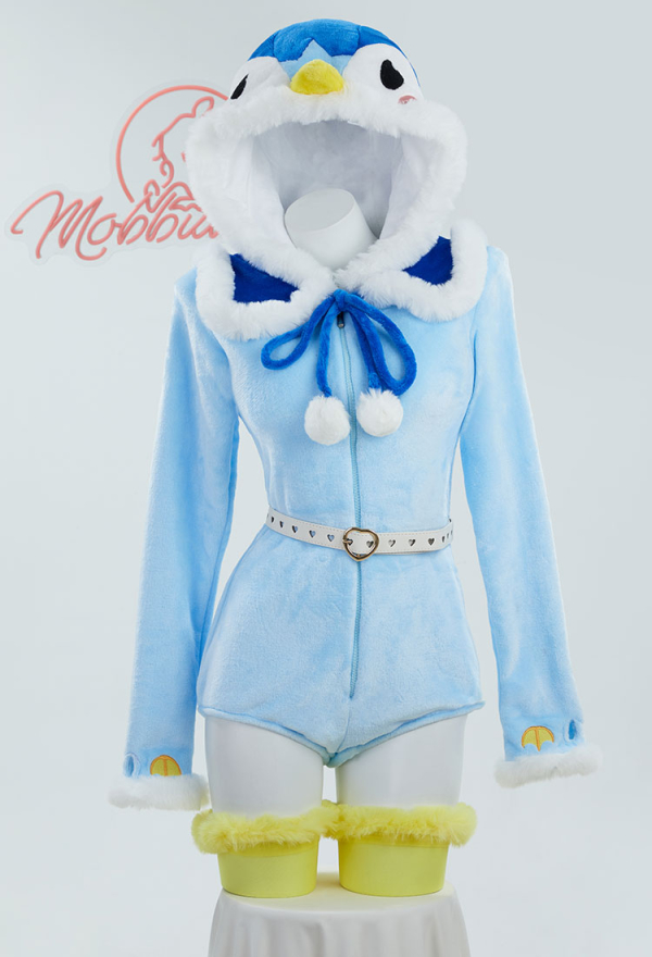 PM Derivative Kawaii Flauschiger Strampler Blau Plüsch Bodysuit Langarm Overall mit Kapuze Umhang