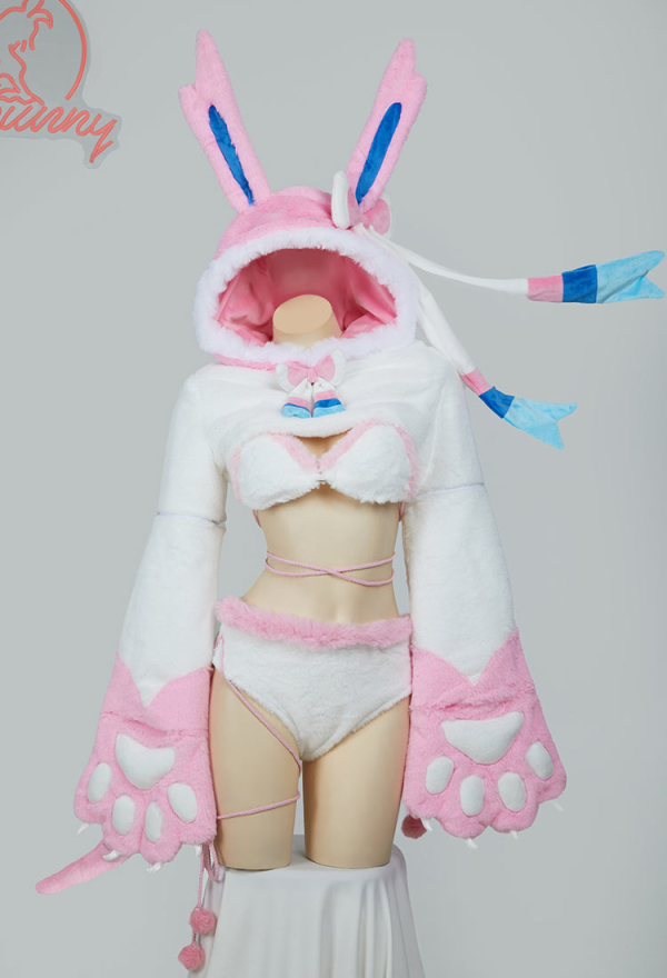 Women PM Derivative Furry Paw Sexy Lingerie Bikini Set - Plush Short Hoodie  and Bra Panty with Stockings Cosplay | Top Quality Outfits for Sale
