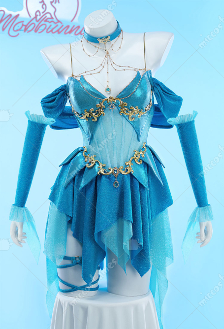Bloom Derivative Sexy Lingerie Dress Low Cut Irregular Blue Dress with Sleeves Choker Cosplay Costume