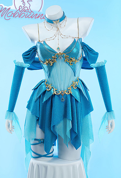 Women Bloom Derivative Sexy Lingerie Fairy Dress - Low Cut Irregular Blue Dress with Sleeves Choker Cosplay